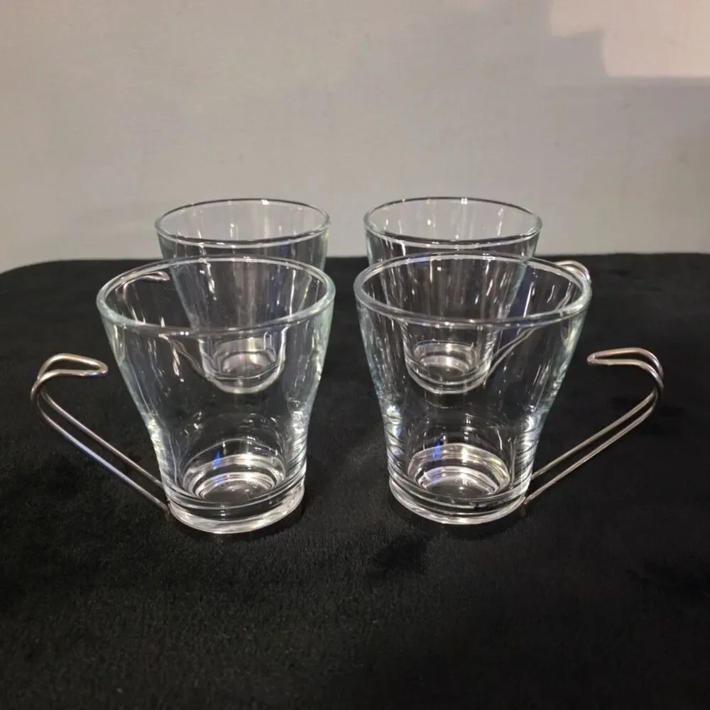 Bormioli Rocco Glass Espresso Coffee Tea Cup Stainless Steel Handle Set of 4